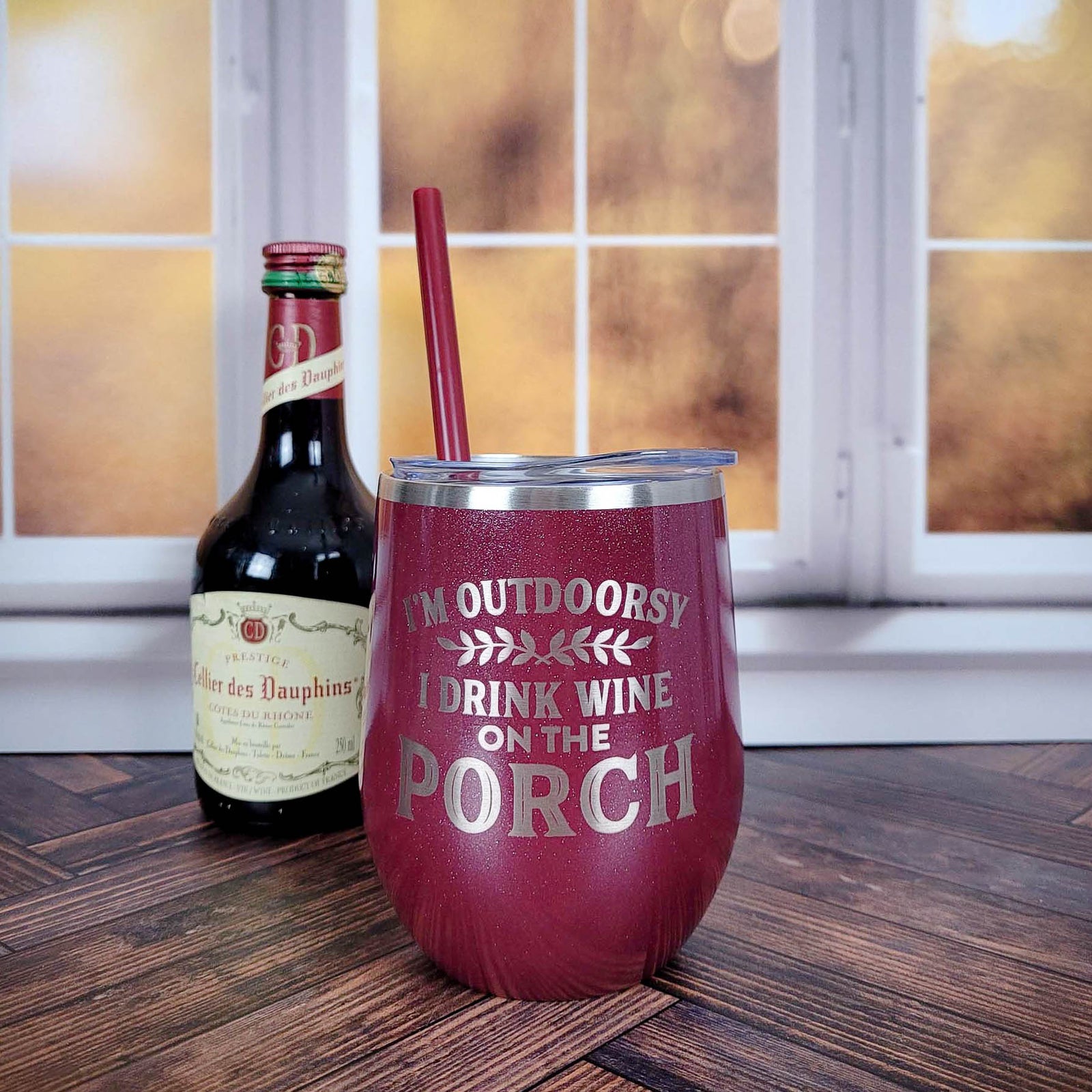 I'm Outdoorsy I Drink Wine on the Porch Engraved 12oz Wine Tumbler Rosewood Glitter by Sunny Box