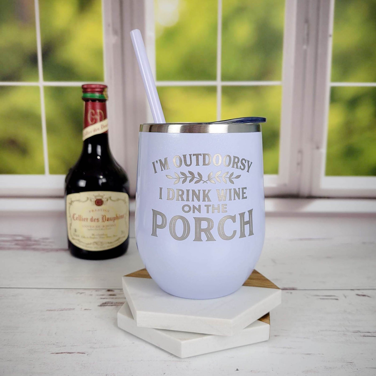 I'm Outdoorsy I Drink Wine on the Porch engraved 12oz Wine Tumbler Lilac