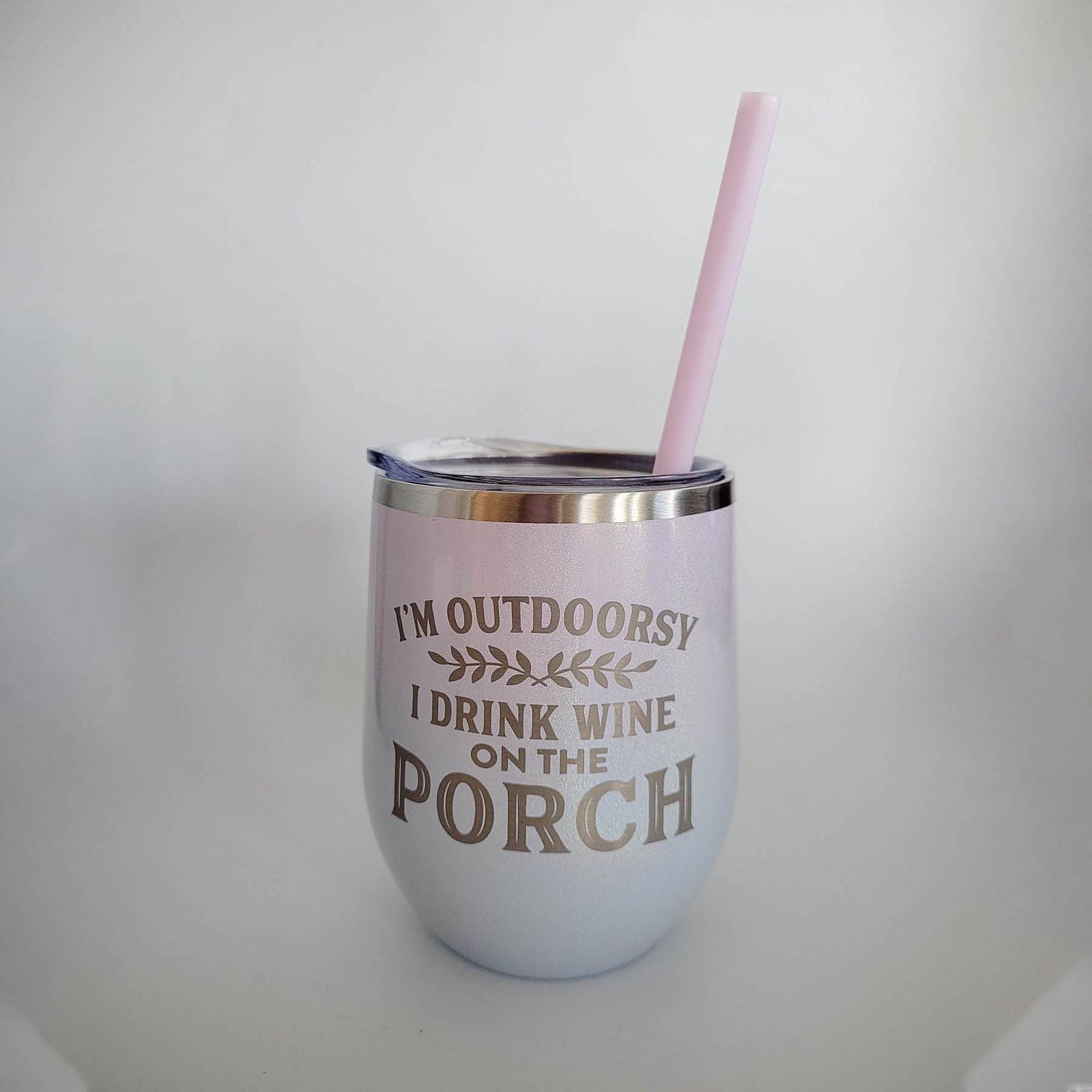 I'm Outdoorsy I Drink Wine on the Porch Engraved 12oz Wine Tumbler Magic Mist Glitter by Sunny Box