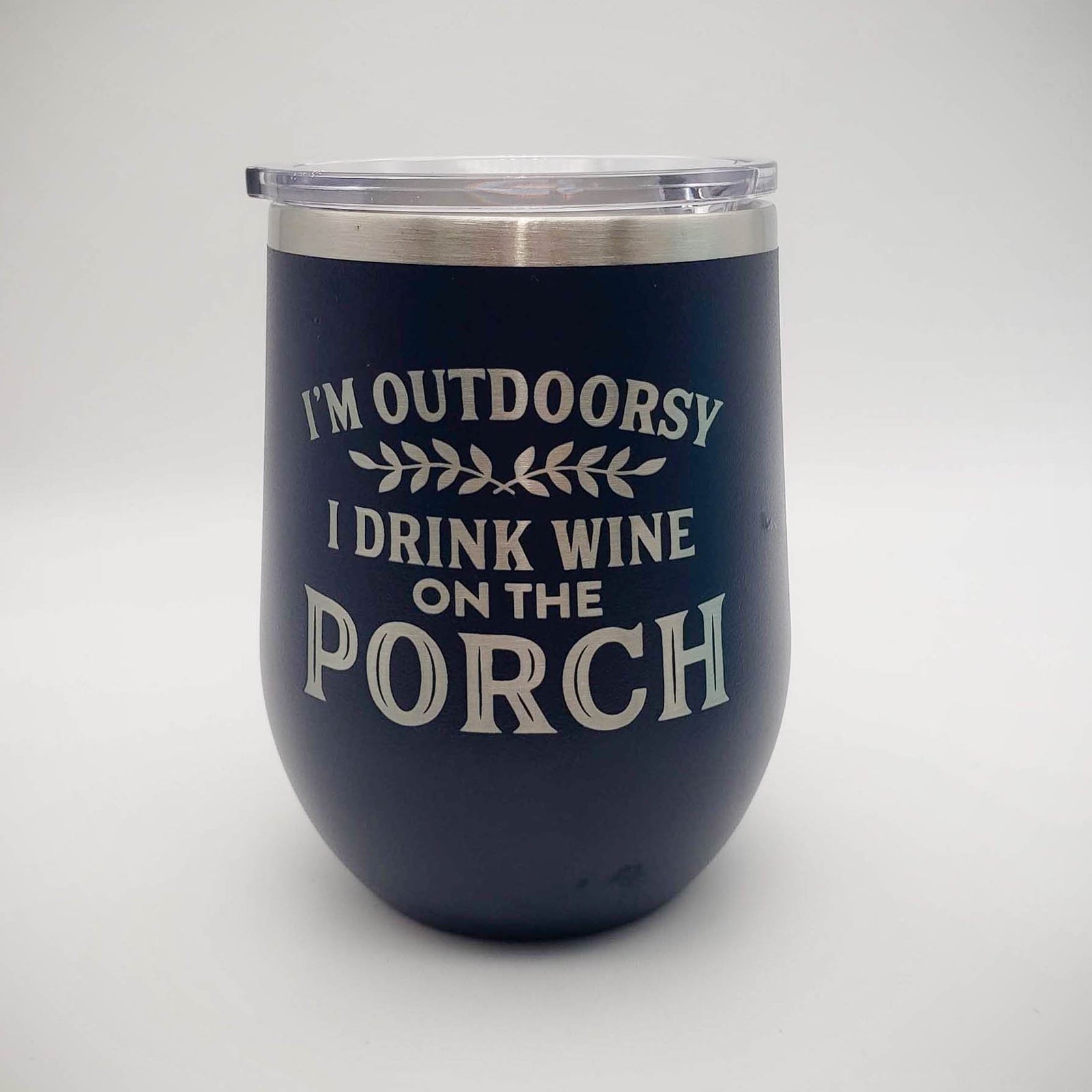 I'm Outdoorsy I Drink Wine on the Porch - Engraved Stainless Stemless Wine 12oz Polar Camel Tumbler Navy by Sunny Box