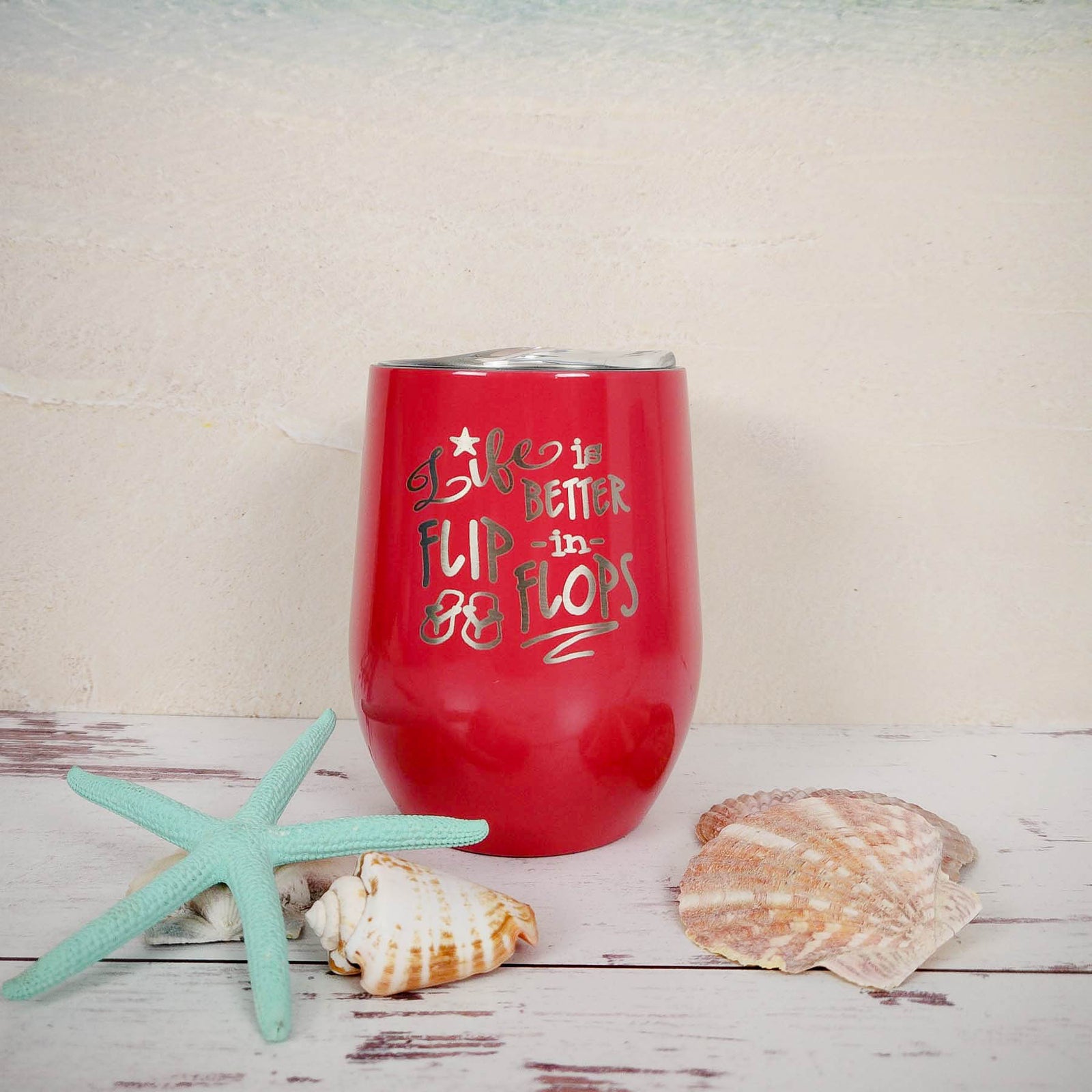 Life is Better in Flip Flops - Engraved 9oz Coral Wine Tumbler by Sunny Box