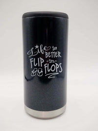 Life is Better in Flip Flops - Engraved Skinny Can Cooler Black Glitter Sunny Box