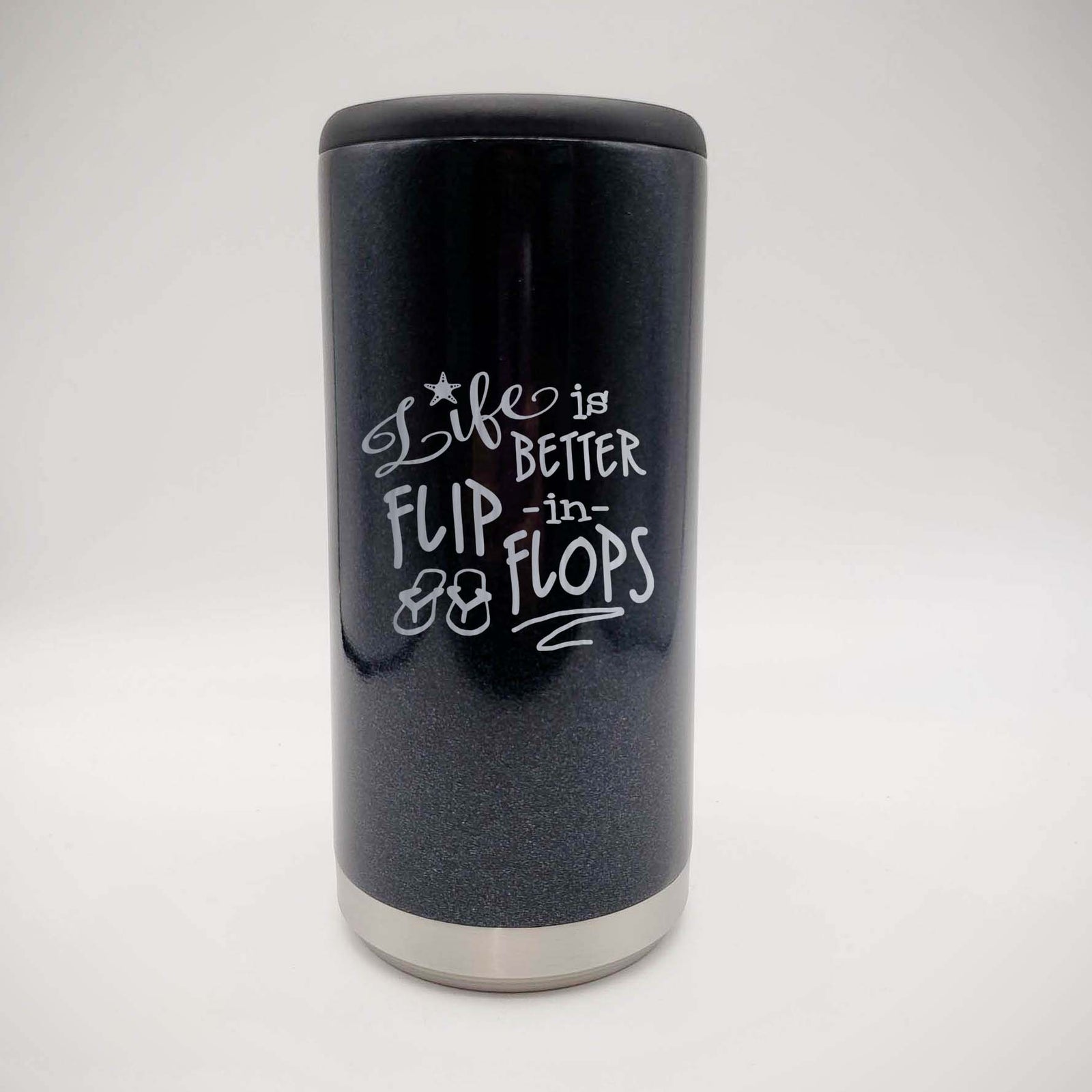 Life is Better in Flip Flops - Engraved Skinny Can Cooler Black Glitter Sunny Box