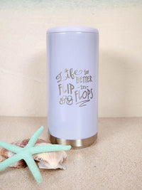 Life is Better in Flip Flops - Engraved Skinny Can Cooler Lilac Glitter Sunny Box