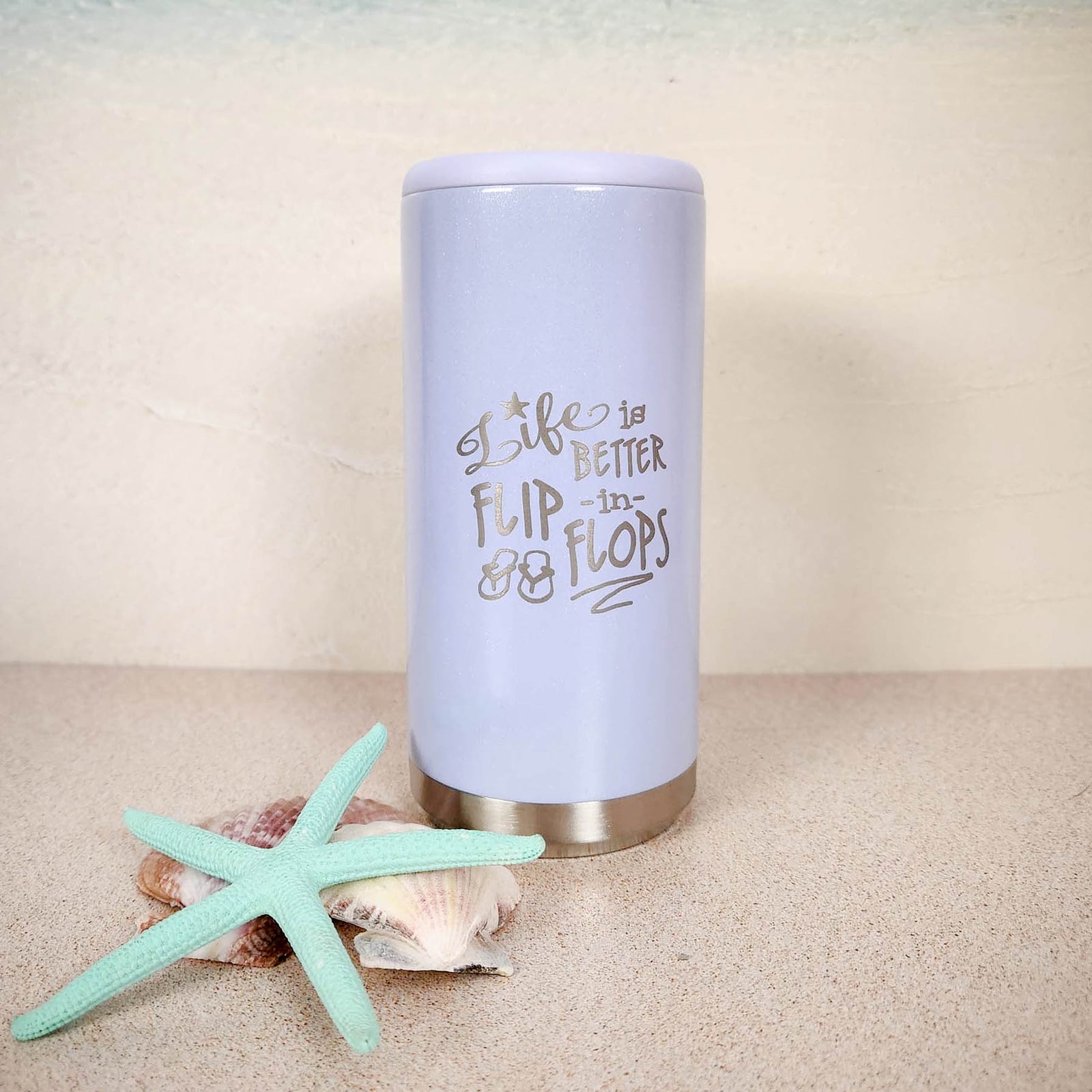 Life is Better in Flip Flops - Engraved Skinny Can Cooler Lilac Glitter Sunny Box