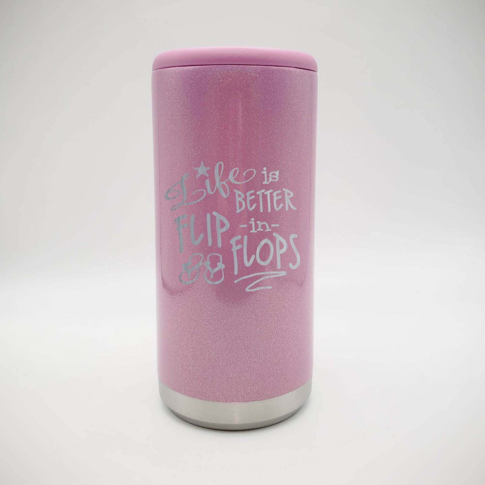 Life is Better in Flip Flops - Engraved Skinny Can Cooler Pink Magic Glitter - Sunny Box