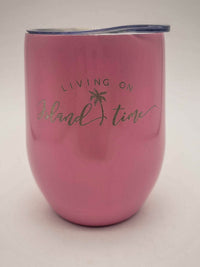 Living on Island Time - Engraved 9oz Stainless Stemless Wine Tumbler Light Pink - Sunny Box