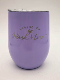 Living on Island Time - Engraved 9oz Stainless Stemless Wine Tumbler Light Purple - Sunny Box