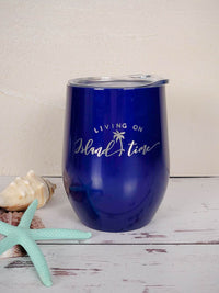 Living on Island Time - Engraved 9oz Stainless Stemless Wine Tumbler Blue - Sunny Box