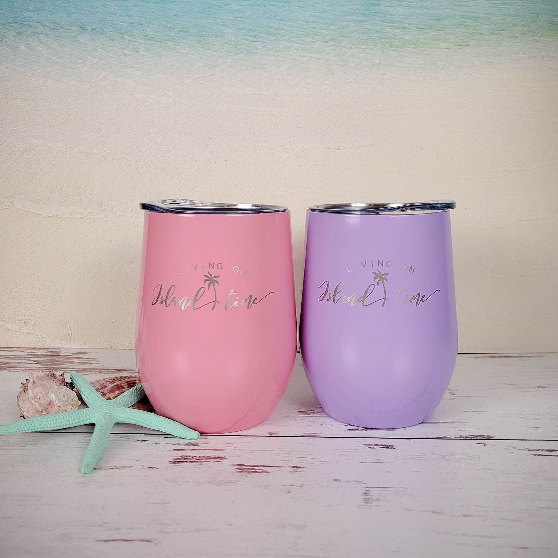 Living on Island Time - Engraved 9oz Stainless Stemless Wine Tumbler Light Pink Purple - Sunny Box