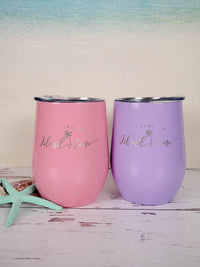Living on Island Time - Engraved 9oz Stainless Stemless Wine Tumbler Light Pink Purple - Sunny Box