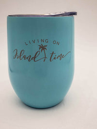 Living on Island Time - Engraved 9oz Stainless Stemless Wine Tumbler Light Blue - Sunny Box