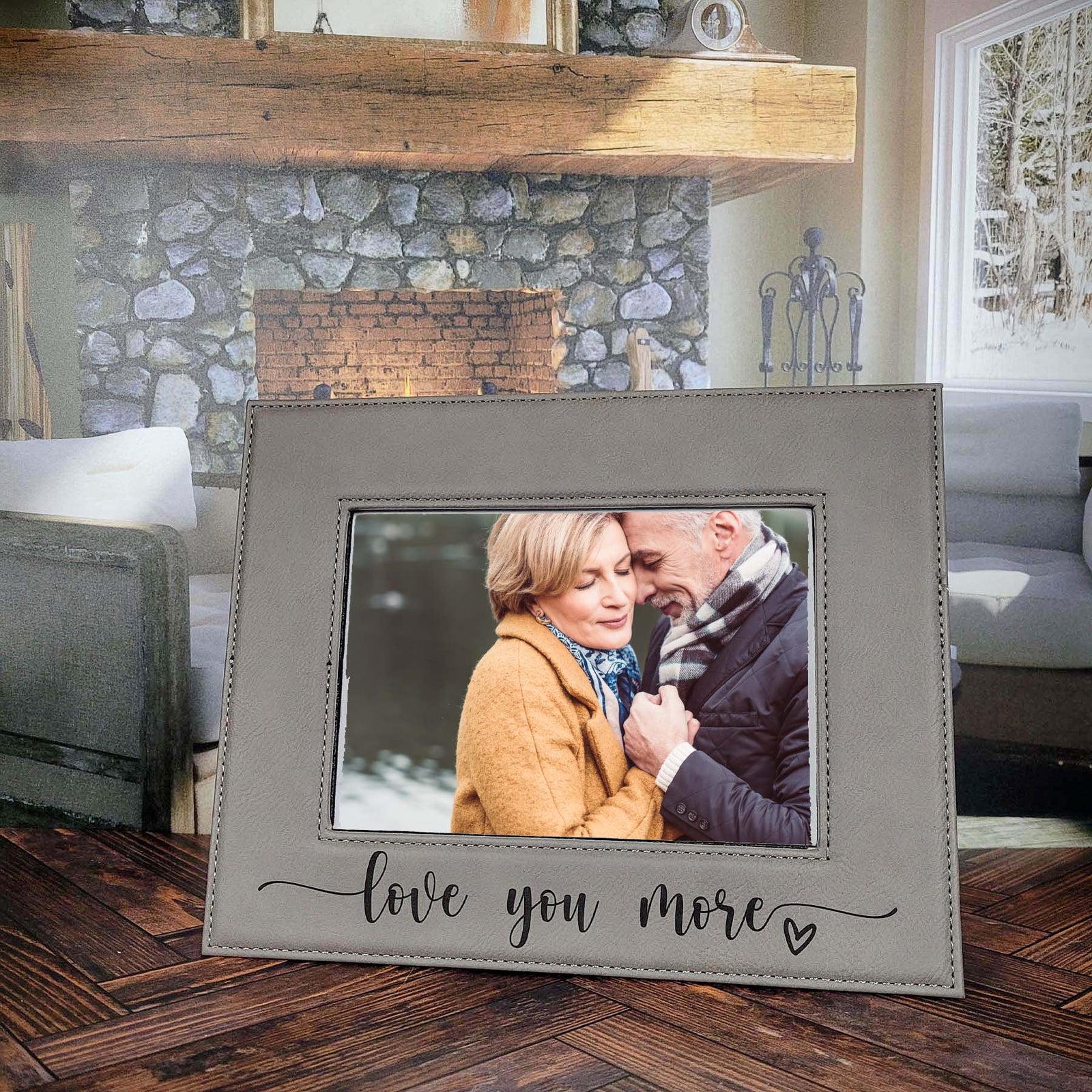 Love You More Engraved Personalized Leatherette Picture Frame Gray by Sunny Box