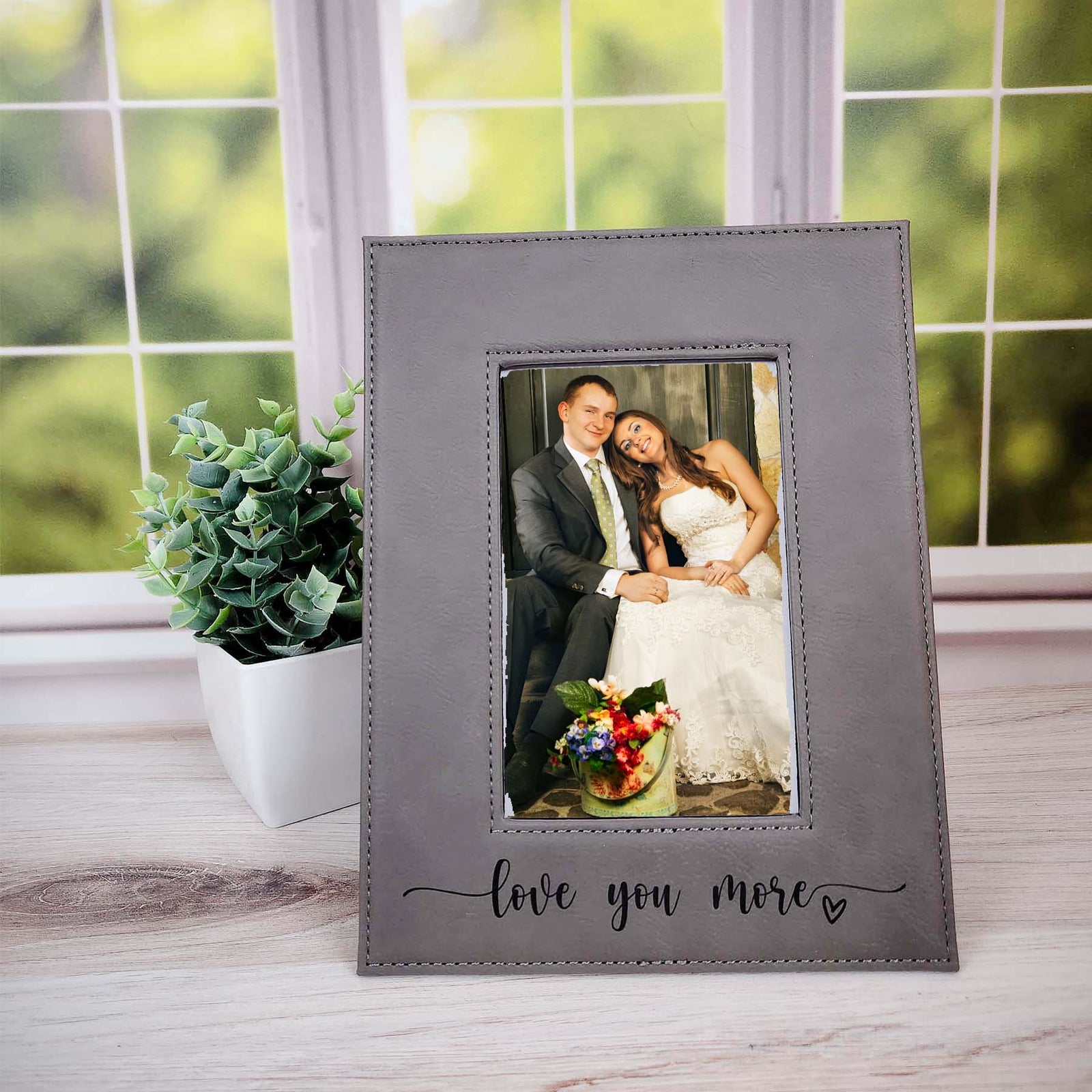 Love You More Engraved Personalized Leatherette Picture Frame Gray by Sunny Box