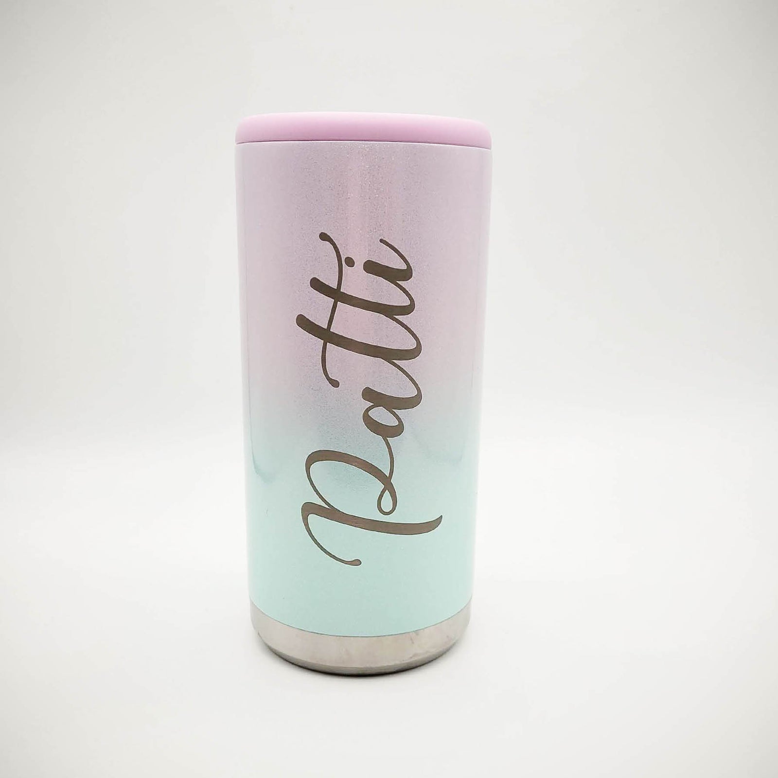Personalized Engraved Skinny Can Cooler Maars Glitter Seablush Ombre- Sunny Box