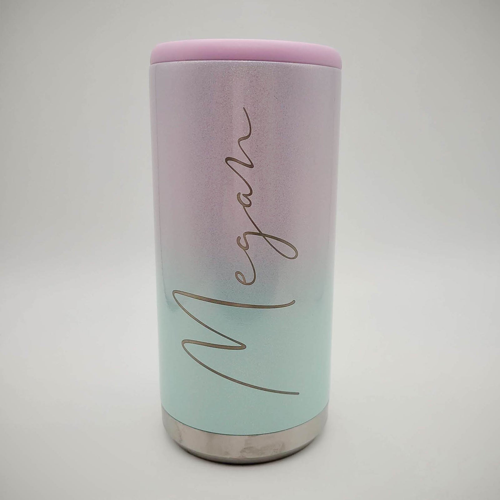 Personalized Engraved Skinny Can Cooler Seablush Ombre Glitter - Sunny Box