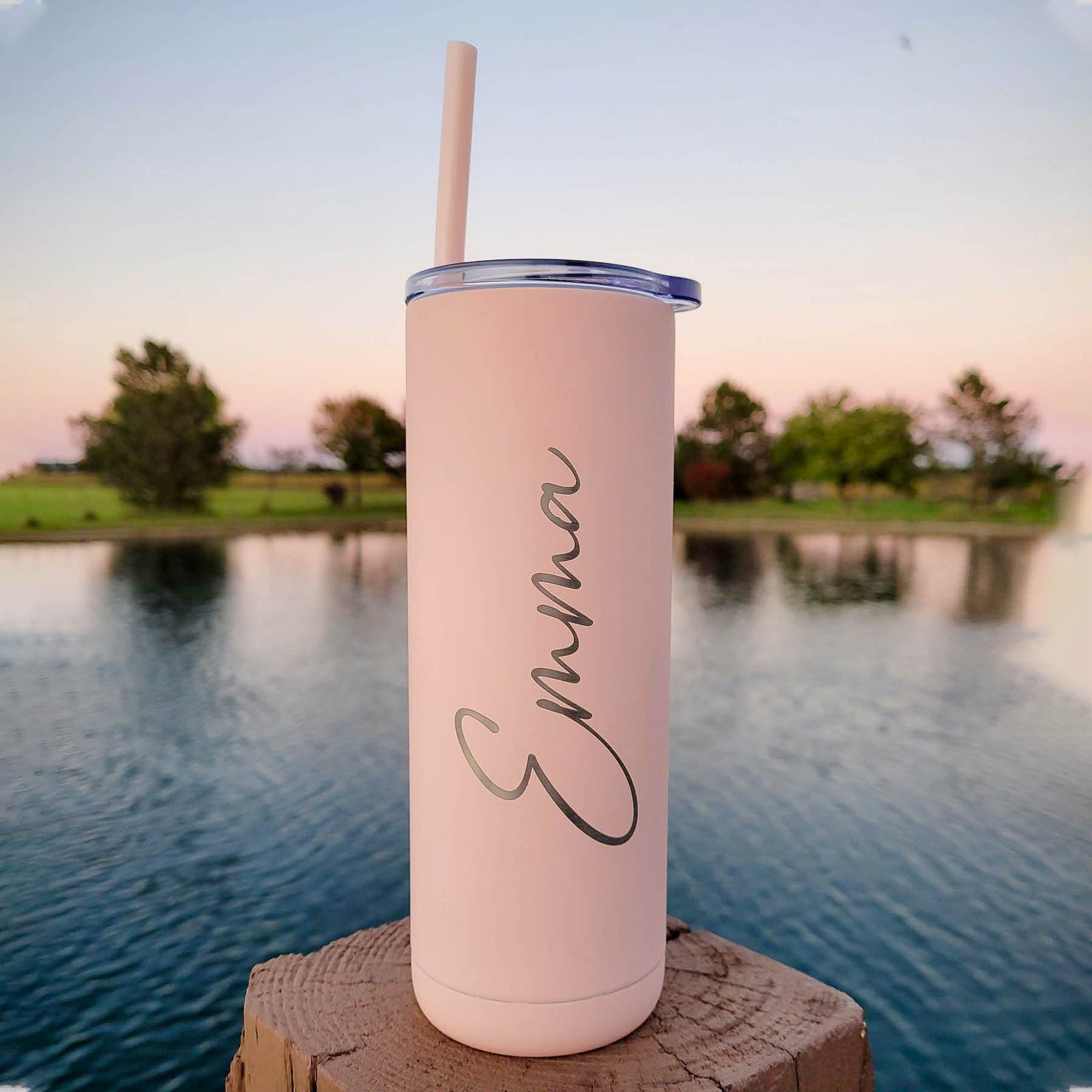 Engraved 20oz Skinny Tumbler Soft Matte Blush Pink by Sunny Box