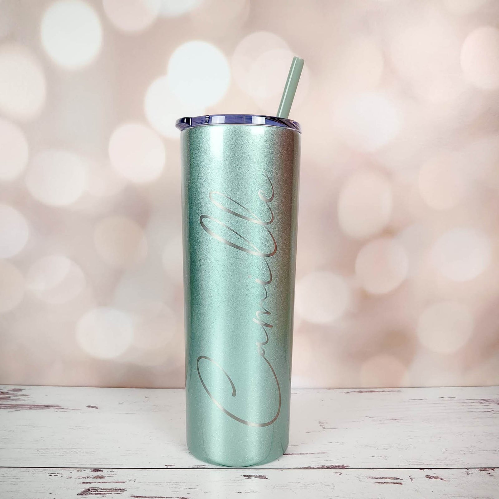 Personalized Engraved 20oz Skinny Tumbler Seascape Glitter by Sunny Box