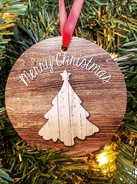 Merry Christmas Woodgrain Personalized Ornament - Sunny Box