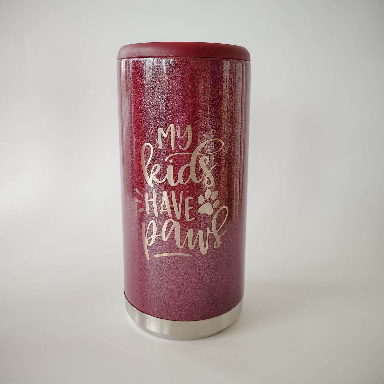 My Kids Have Paws Engraved Skinny Can Cooler Rosewood Glitter by Sunny Box