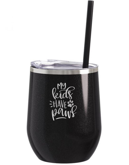 My Kids Have Paws Engraved 12oz Wine Tumbler Black Glitter by Sunny Box