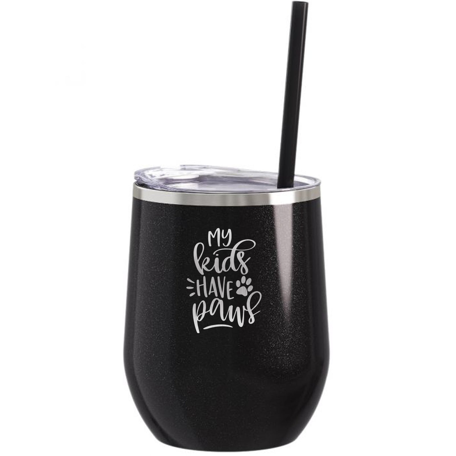 My Kids Have Paws Engraved 12oz Wine Tumbler Black Glitter by Sunny Box