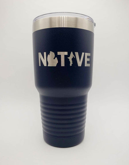 Michigan Native Engraved 30oz Navy Tumbler by Sunny Box