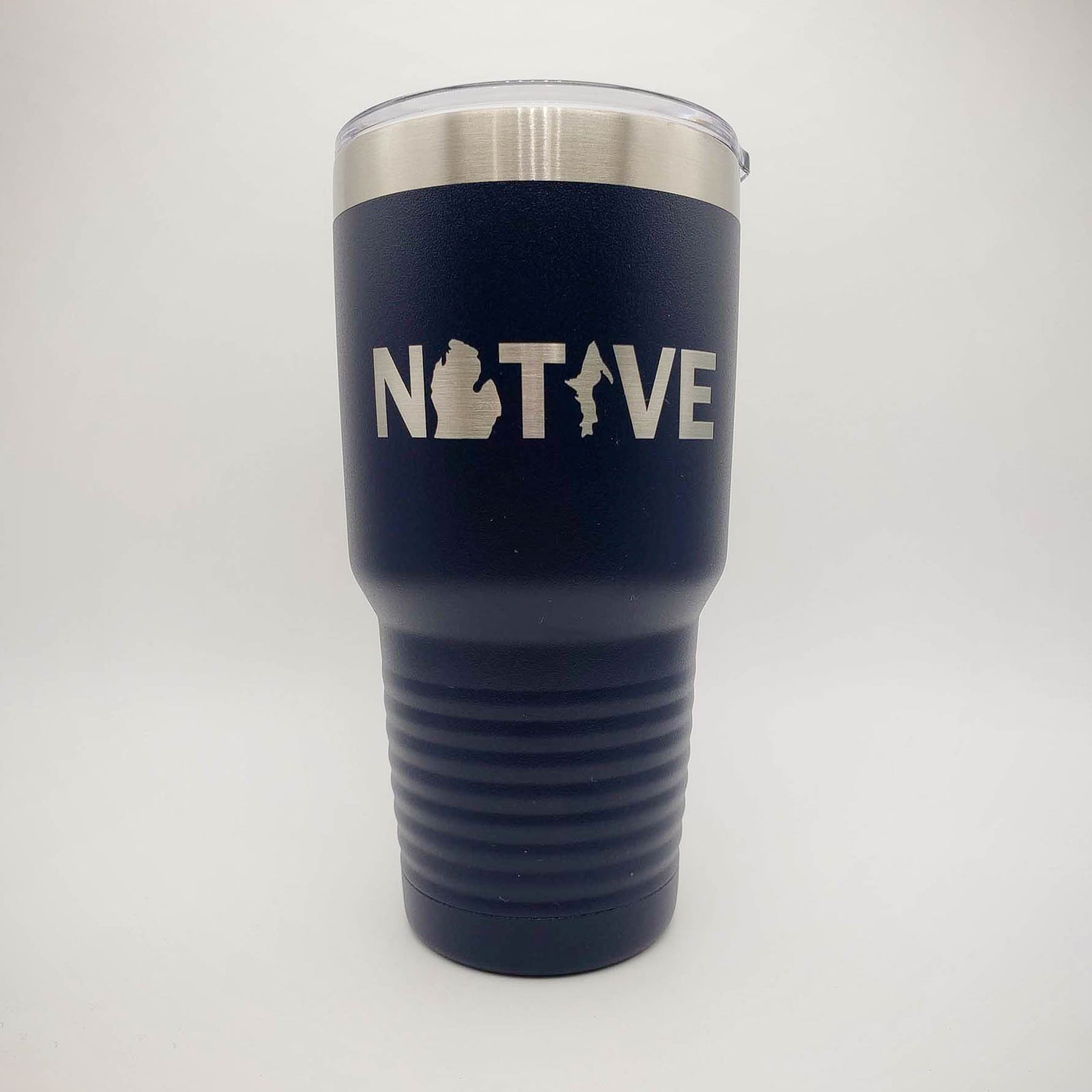 Michigan Native Engraved 30oz Navy Tumbler by Sunny Box