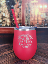 Running on Wine and Christmas Cheer Engraved 12oz Wine Tumbler Navy by Sunny Box