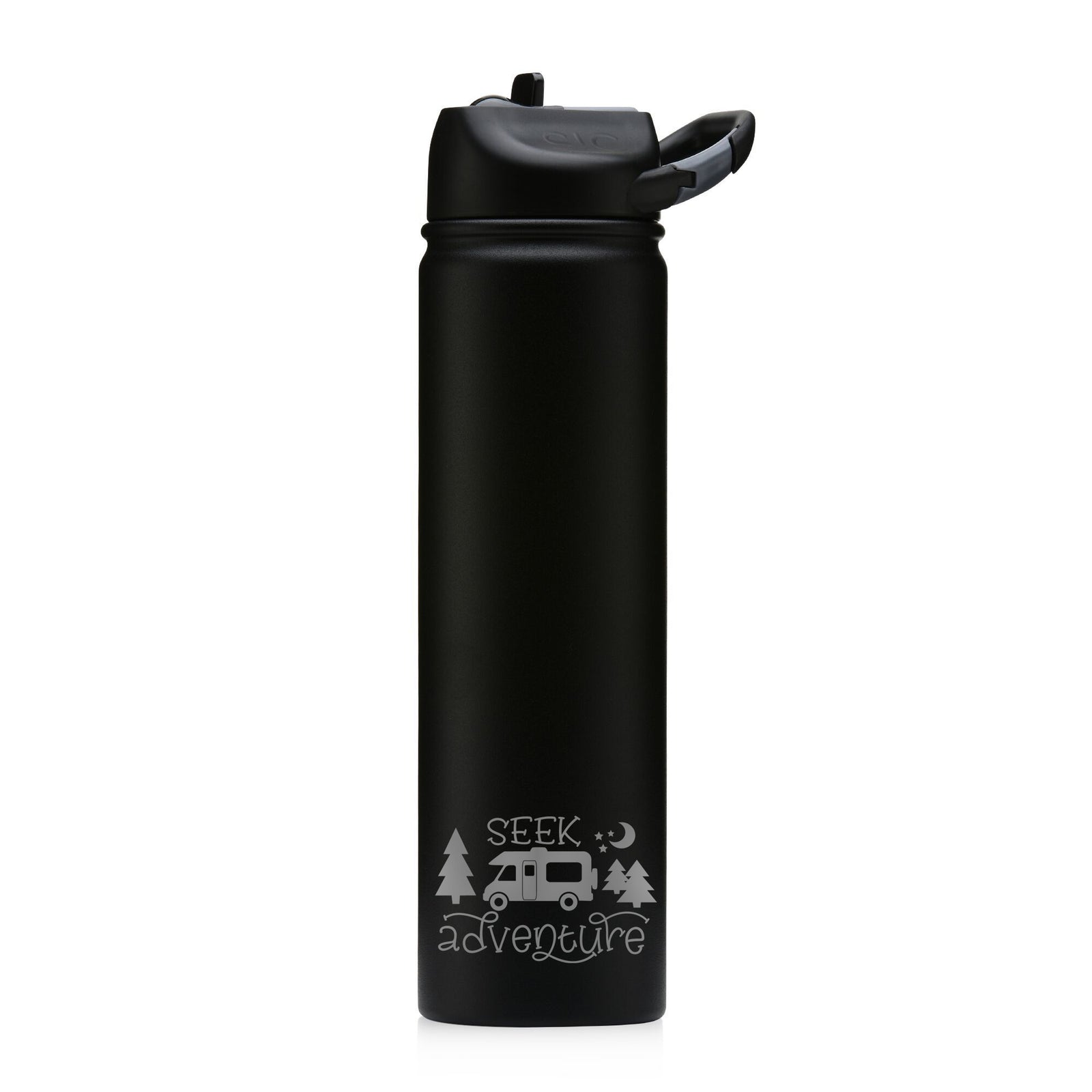 Seek Adventure Camping Engraved 27oz SIC Water Bottle - Black - Creatively Crowned Engraving