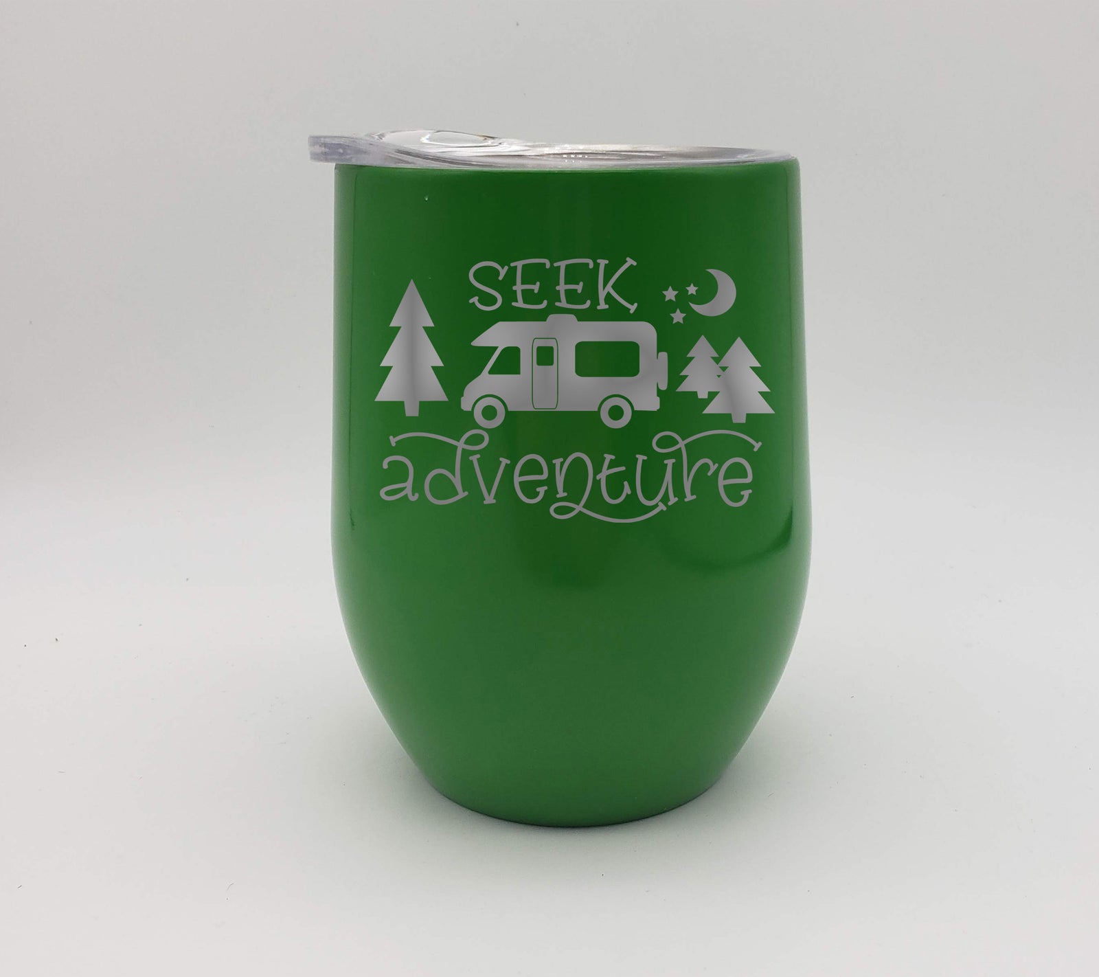 Seek Adventure Camping 9oz Engraved Wine Tumbler - Green - Creatively Crowned Engraving