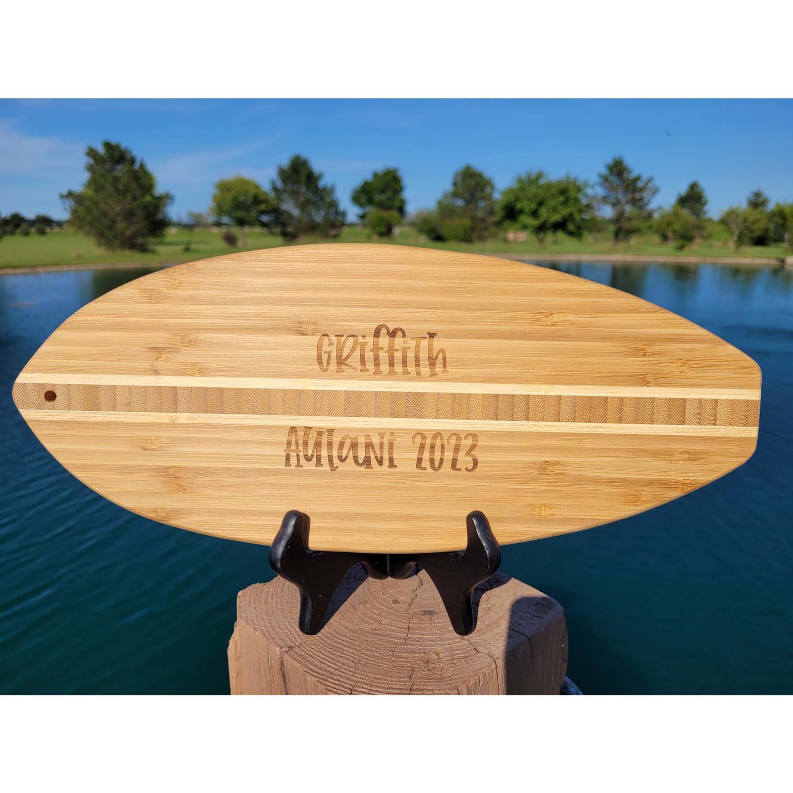 Personalized Engraved Mini Surfboard Bamboo Cutting Board by Sunny Box