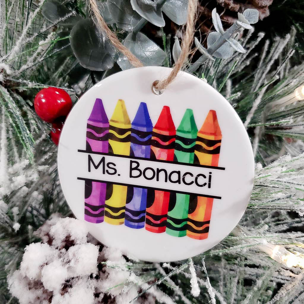Teacher Crayon Personalized Ceramic Christmas Ornament - Sunny Box