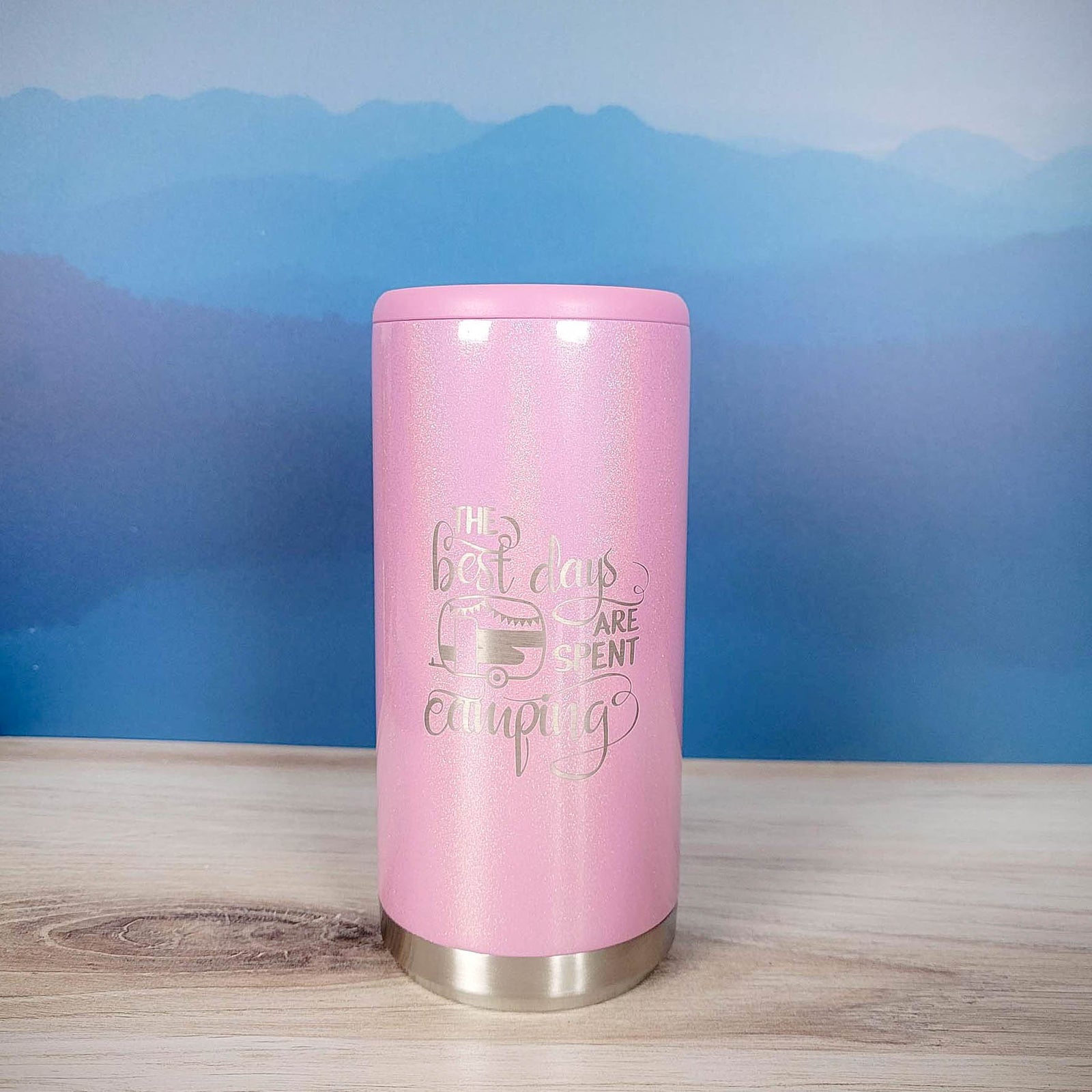 The Best Days Are Spent Camping Engraved Skinny Can Cooler Maars Pink Magic - Sunny Box