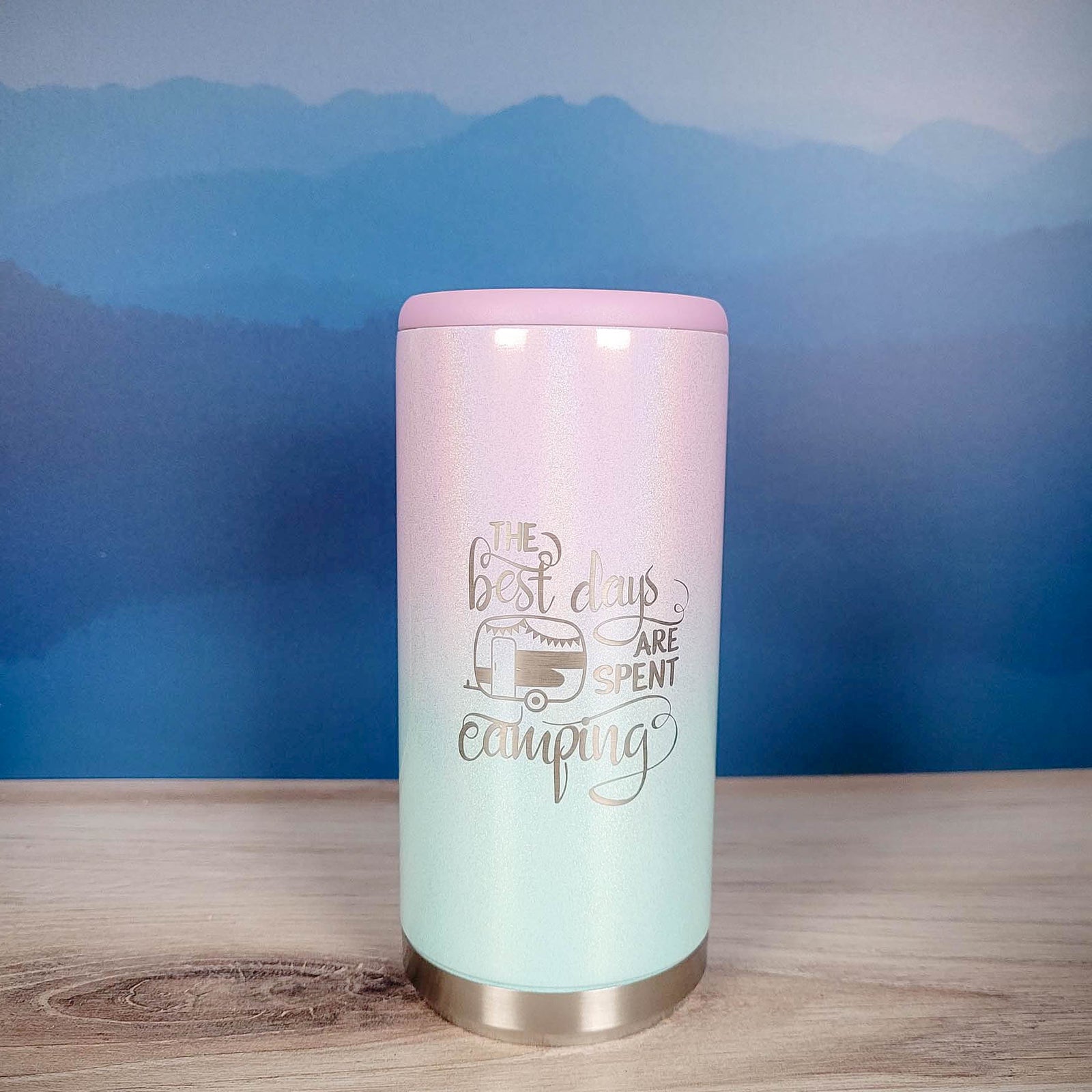 The Best Days Are Spent Camping Engraved Skinny Can Cooler Maars Seablush Ombre - Sunny Box
