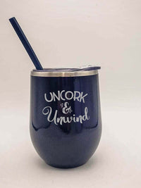 Uncork & Unwind Engraved 12oz Wine Tumbler Navy by Sunny Box