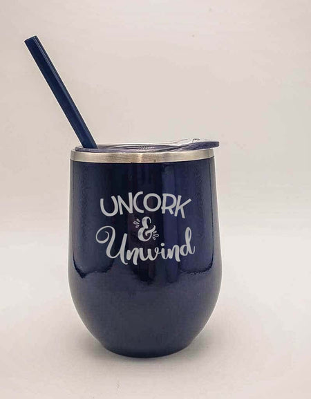 Uncork & Unwind Engraved 12oz Wine Tumbler Navy by Sunny Box