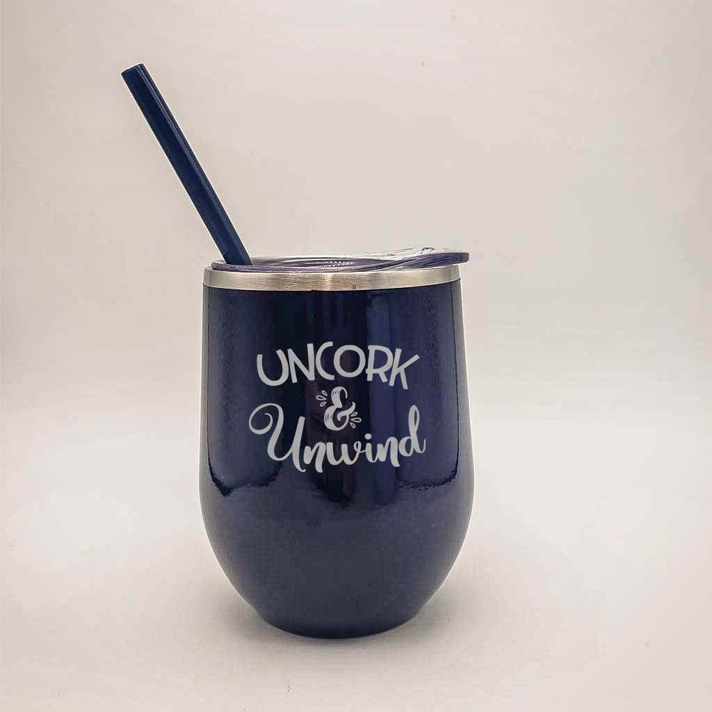 Uncork & Unwind Engraved 12oz Wine Tumbler Navy by Sunny Box