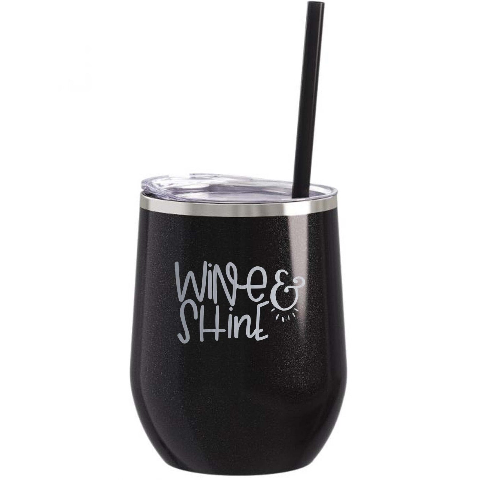 Wine and Shine Engraved 12oz Wine Tumbler Black Glitter by Sunny Box