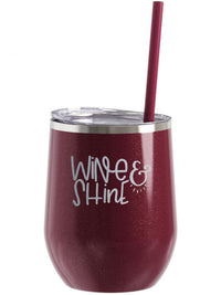 Wine and Shine Engraved 12oz Wine Tumbler Rosewood Glitter by Sunny Box