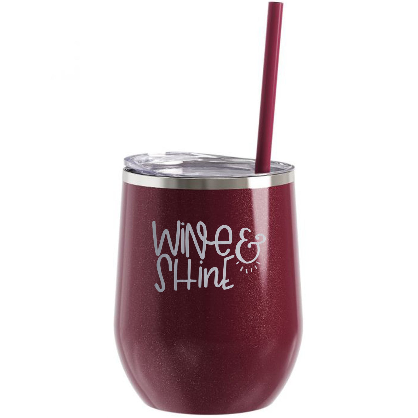 Wine and Shine Engraved 12oz Wine Tumbler Rosewood Glitter by Sunny Box