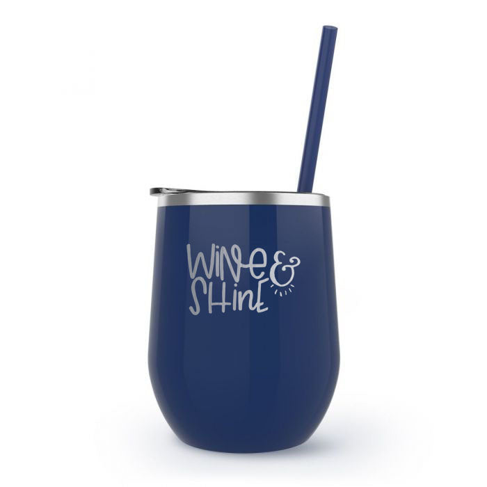 Wine and Shine Engraved 12oz Wine Tumbler Navy by Sunny Box