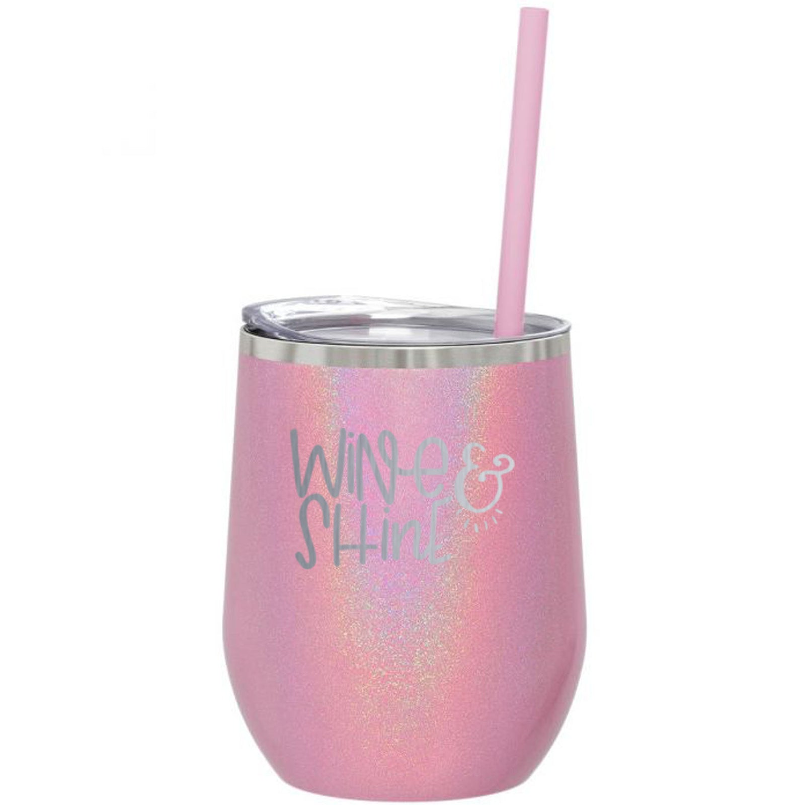 Wine and Shine Engraved 12oz Wine Tumbler Pink Magic Glitter by Sunny Box