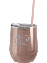 Wine and Shine Engraved 12oz Wine Tumbler Rose Gold Glitter by Sunny Box