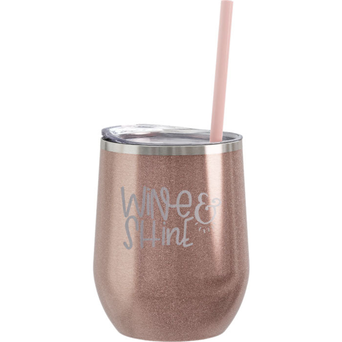 Wine and Shine Engraved 12oz Wine Tumbler Rose Gold Glitter by Sunny Box