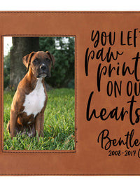 You left paw prints on our hearts - Engraved leatherette picture frame pet loss memorial - Sunny Box
