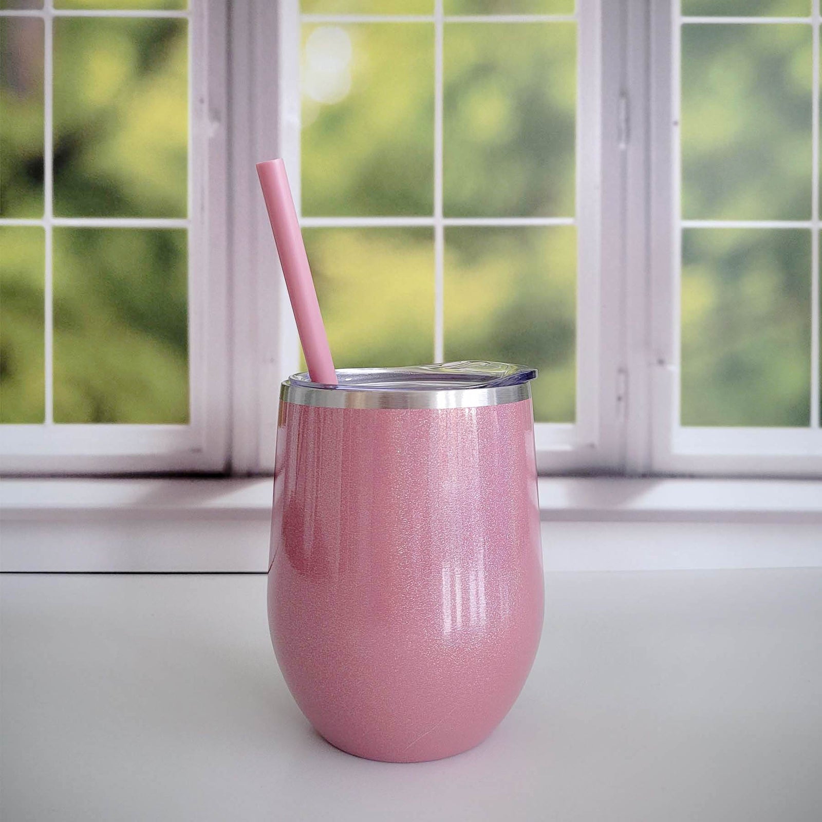 Uncork & Unwind Engraved 12oz Wine Tumbler Dusty Rose Glitter by Sunny Box